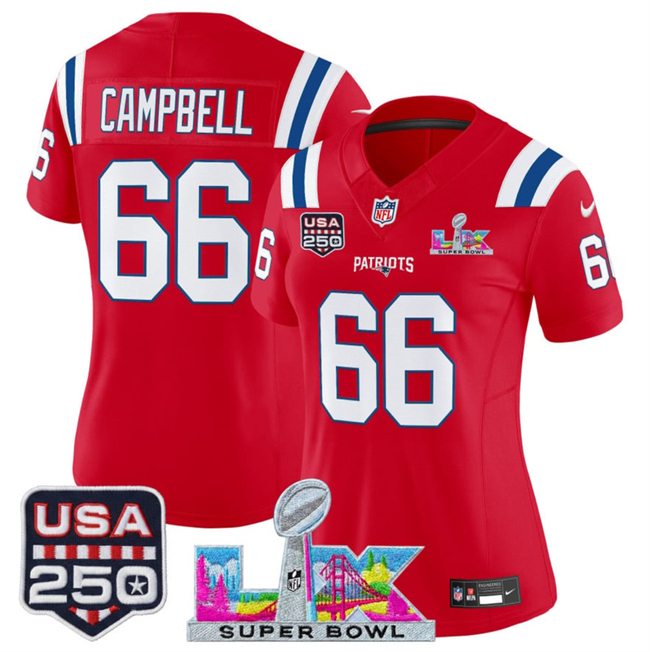 Women's New England Patriots #66 Will Campbell Red 2025 F.U.S.E. Super Bowl LX Patch And USA 250' Patch Vapor Limited Football Stitched Jersey(Run Small)